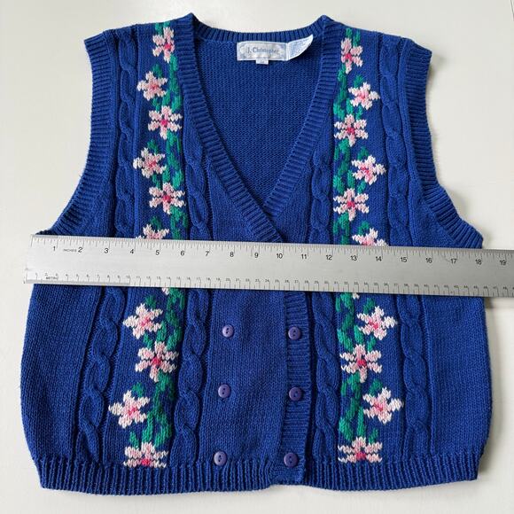 Vintage J. Christopher Sweater Vest Blue Floral Cable Knit Double-Breasted Sz‎ M - Picture 9 of 12